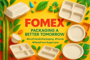 Fomex Group’s eco friendly sugarcane-based packaging solutions including compostable plates, trays, and cups for sustainable business use.